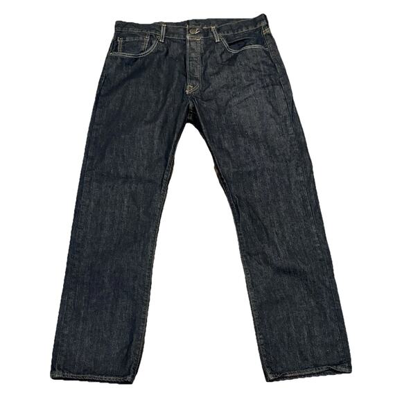 Levis Jeans 501 Mens 34x30 Blue Button Fly Dark Wash Denim Straight Original Fit - Picture 1 of 9
